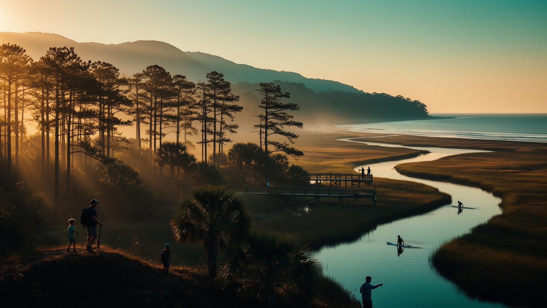 Carolinas adventures at golden hour — mountains, dock fishing, surfing, and family hiking silhouettes
